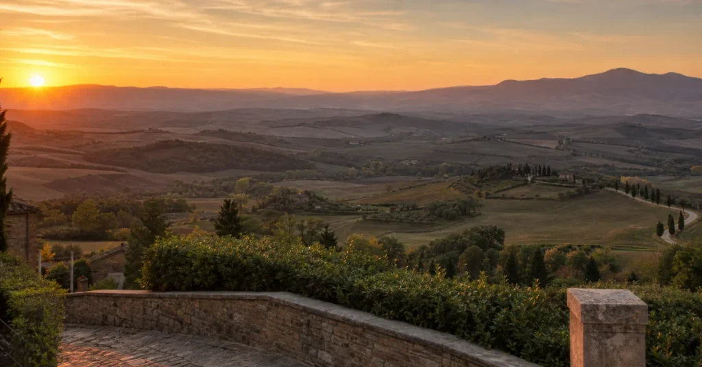 Best small towns to visit in Italy: rolling Val d'Orcia hills glowing at sunset seen from Pienza's stone viewpoint wall