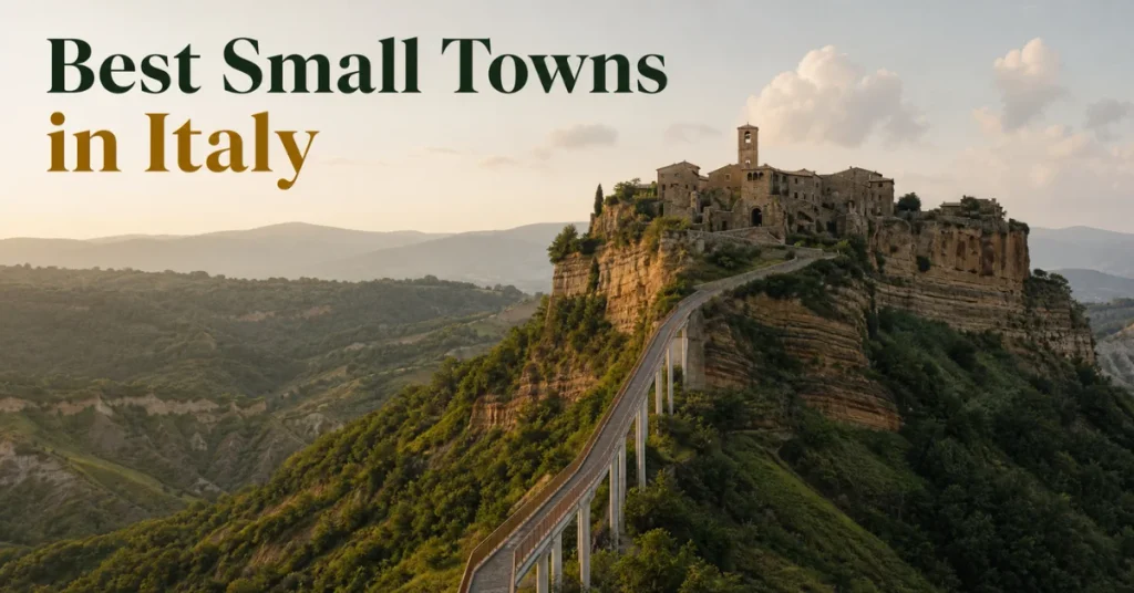 Best small towns to visit in Italy: the pedestrian bridge leading to Civita di Bagnoregio's clifftop town at golden hour