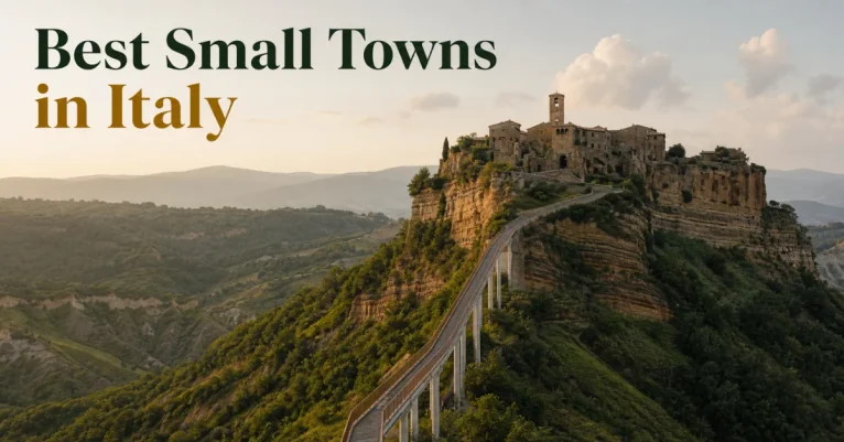 Best small towns to visit in Italy: the pedestrian bridge leading to Civita di Bagnoregio's clifftop town at golden hour