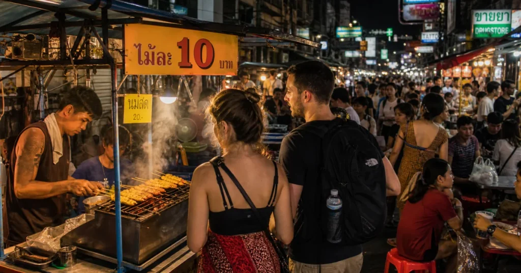 Best travel destinations for students: backpackers at a Bangkok night market street food stall with 10 baht sign