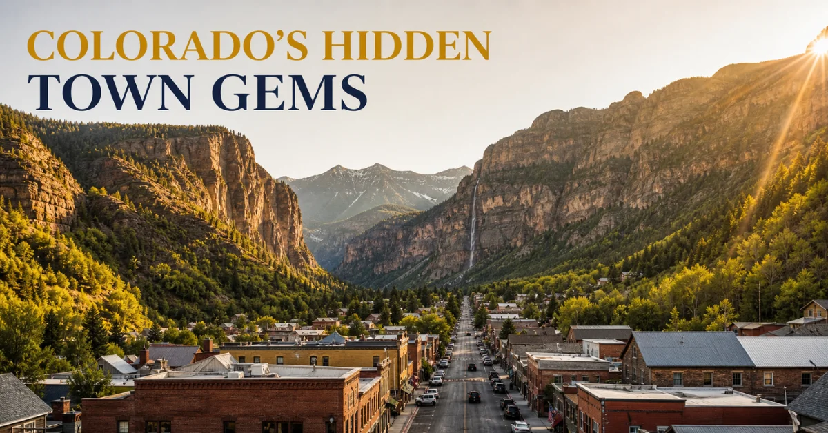 Best towns to visit in Colorado: Telluride's Main Street framed by box canyon walls with Bridal Veil Falls visible at sunset