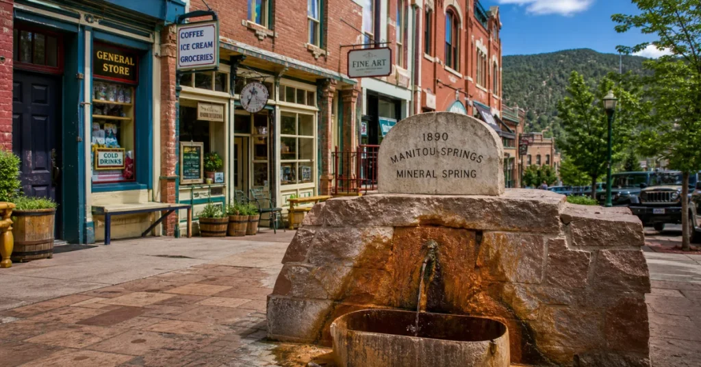 Best towns to visit in Colorado: a historic 1890 mineral spring fountain on Manitou Springs' walkable downtown street with vintage storefronts