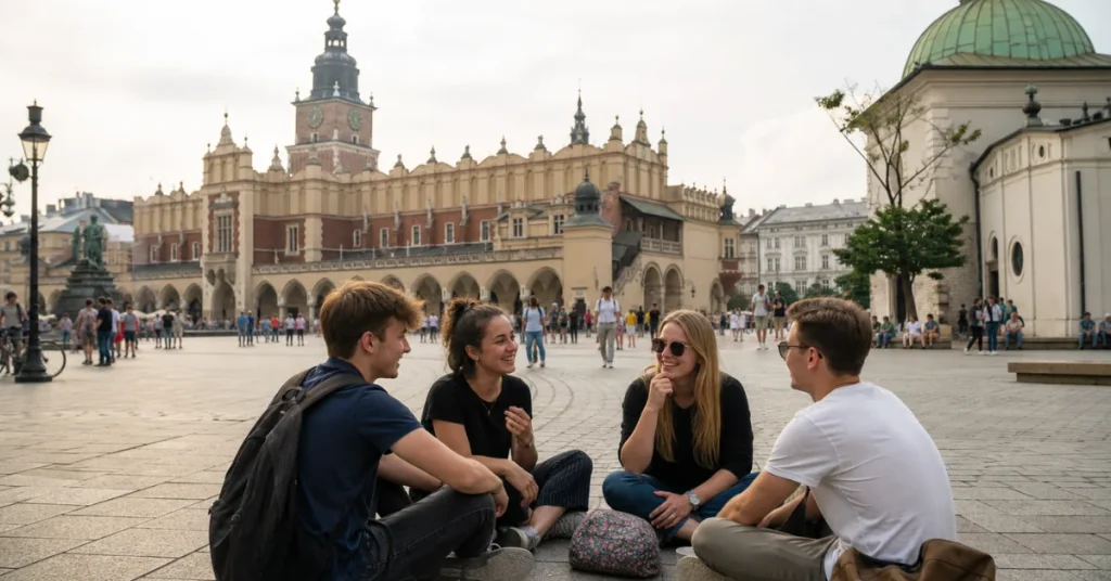 Best travel destinations for students: student travelers sitting in Krakow's Main Square with Cloth Hall (Sukiennice) in background