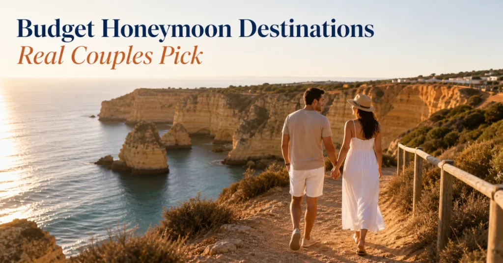 Budget friendly honeymoon destinations: couple walking along Algarve cliffside path at sunset in Portugal