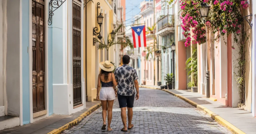 Budget friendly honeymoon destinations: couple walking through colorful colonial streets of Old San Juan, Puerto Rico with flag visible