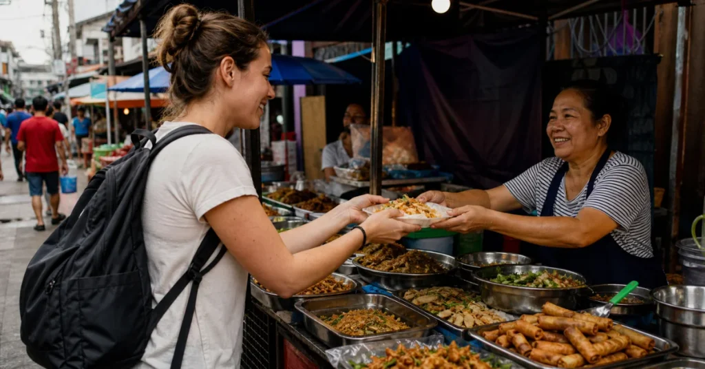 Budget travel tips for solo travelers: female backpacker buying affordable street food from local vendor at Asian market