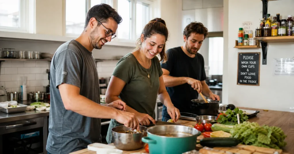 Budget travel tips for solo travelers: group cooking together in hostel communal kitchen to save money