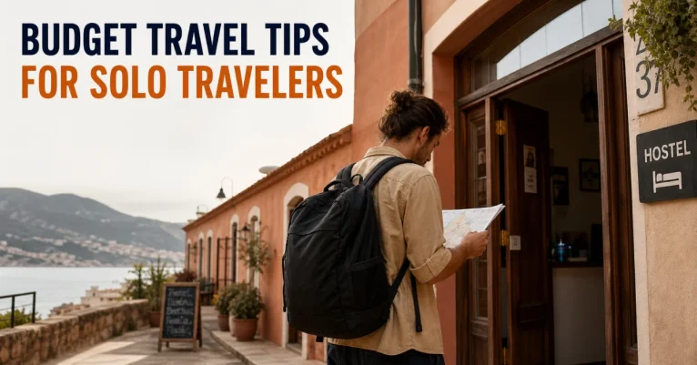 Budget travel tips for solo travelers: backpacker reading map outside coastal hostel with mountain view