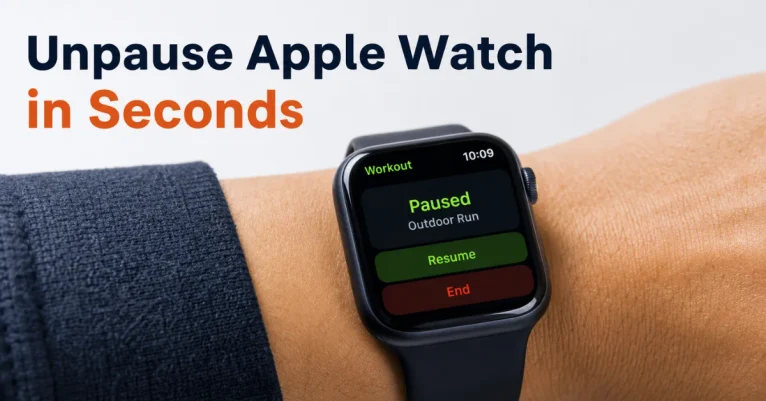 Cancel pause on Apple Watch: a close-up of the paused Outdoor Run workout screen showing Resume and End buttons on the watch