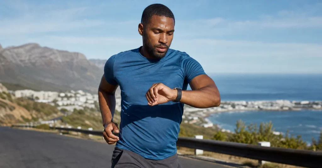 Cancel pause on Apple Watch: a runner glancing at his wrist-worn Apple Watch mid-stride on a golden-hour trail