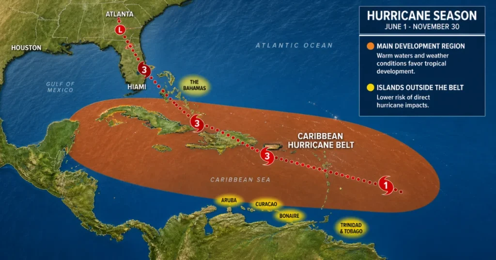 Caribbean islands to visit: an editorial map showing the Caribbean hurricane belt with southern islands like Aruba, Bonaire, Curaçao, and Trinidad marked outside it