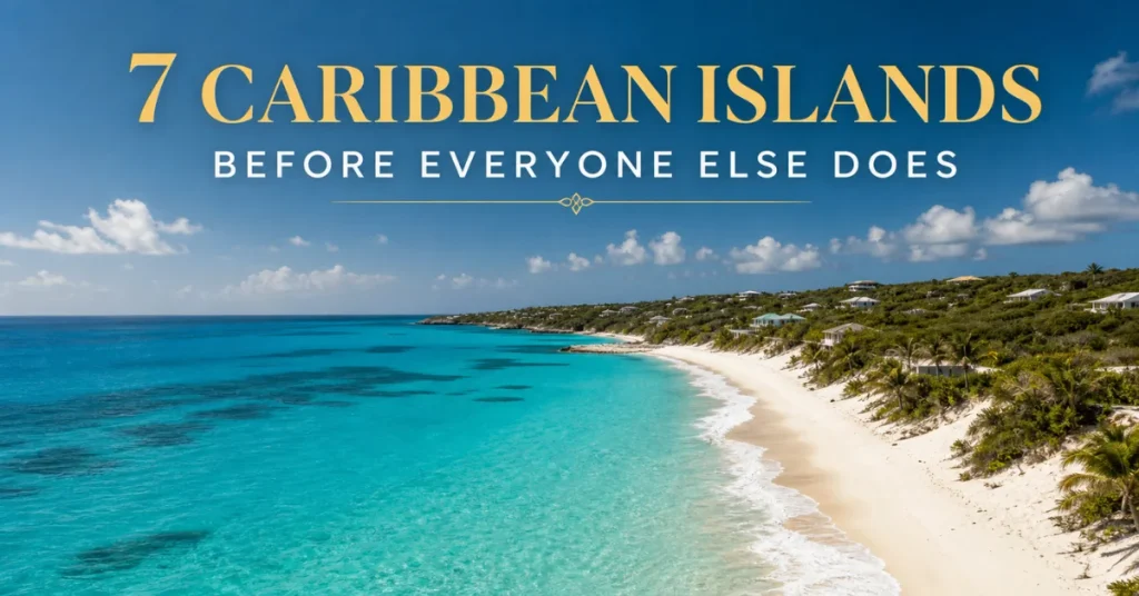 Caribbean islands to visit: an aerial view of a quiet Anguilla-style bay with turquoise water meeting white sand and hillside villas