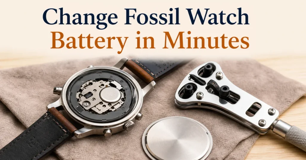 Change Fossil watch battery: a Fossil-style watch face-down on a cloth with the case back removed, battery visible, and a case opener tool beside it