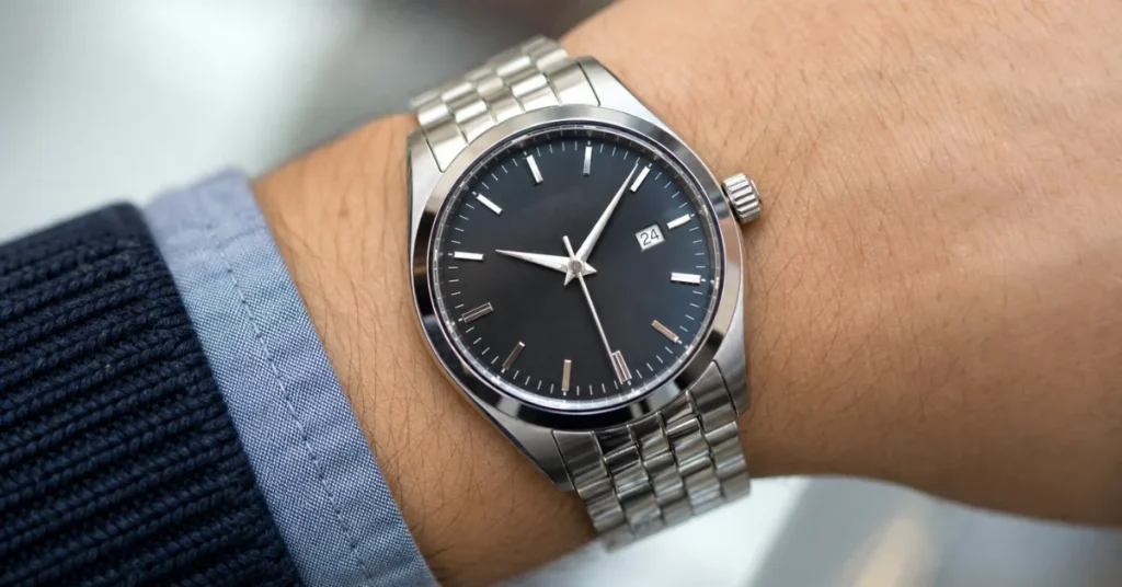 Change Fossil watch battery: a reassembled analog watch with a fully closed case running on a wrist after a battery swap