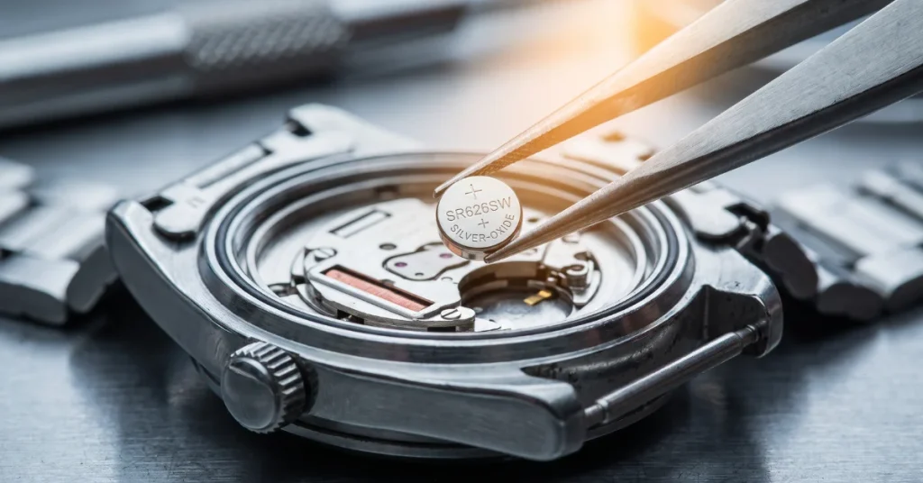 Change Fossil watch battery: tweezers holding an SR626SW silver-oxide battery above an open quartz movement with the positive side visible