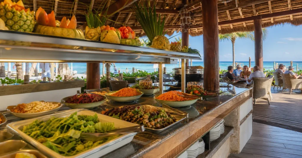 Cheapest all-inclusive resorts in Mexico: an open-air resort buffet with fruit and salad stations under a thatched palapa beside the beach