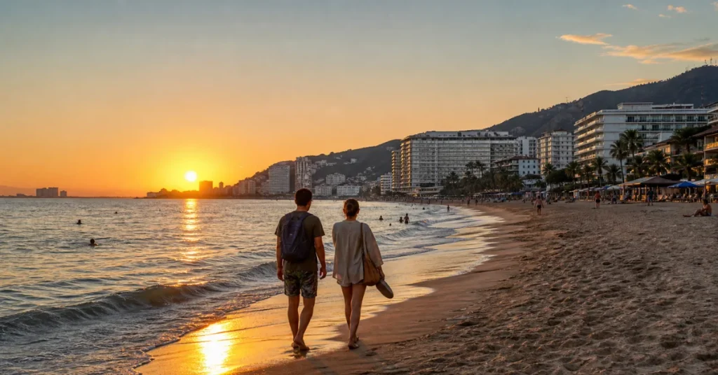 Cheapest all-inclusive resorts in Mexico: a couple with backpacks walking a Puerto Vallarta beach at sunset with resort silhouettes along the bay