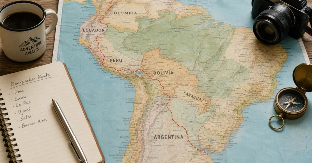 Cheapest countries to visit in South America: a planning flat-lay with a map route through Peru, Bolivia, and Argentina beside a notebook listing Lima, Cusco, La Paz, Uyuni, Salta, and Buenos Aires