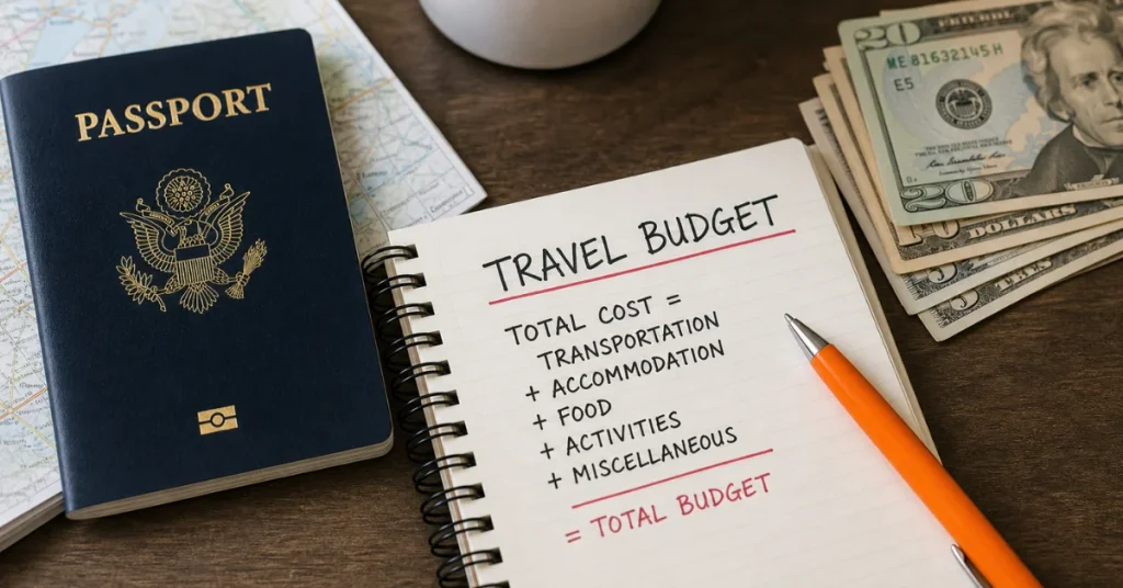 Cheapest countries to travel: travel budget formula showing total cost breakdown with passport, notebook and cash