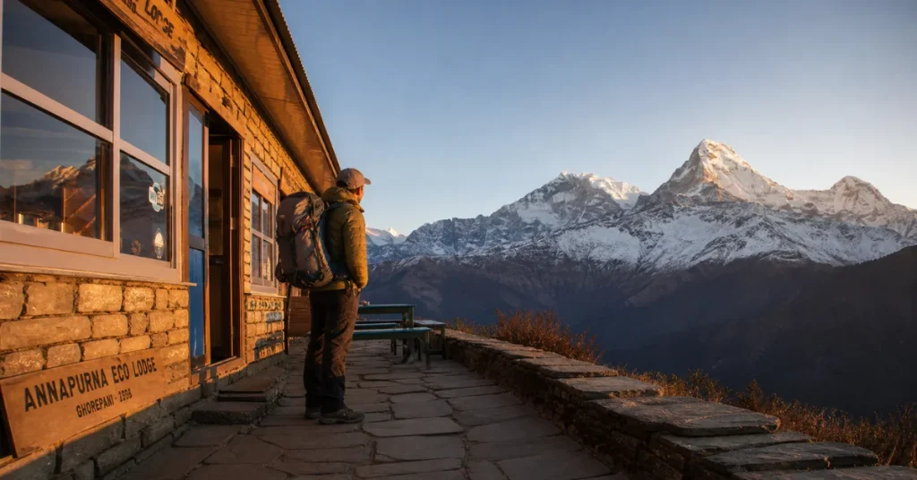 Cheapest countries to travel: trekker outside Annapurna Eco Lodge at Ghorepani with Himalayan sunrise in Nepal