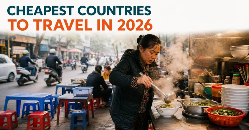 Cheapest countries to travel: street food vendor serving pho at a Hanoi stall with plastic stools in Vietnam