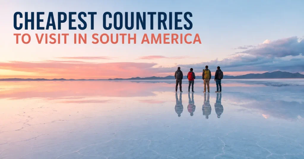 Cheapest countries to visit in South America: travelers with backpacks standing on the mirror-like Salar de Uyuni salt flat at sunset
