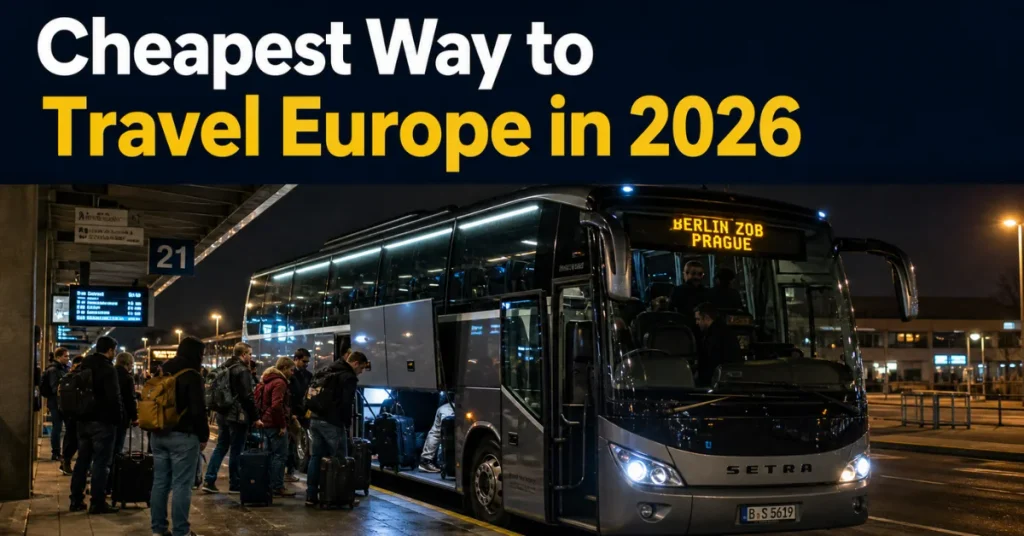 Cheapest way to travel across Europe: passengers boarding a long-distance coach at a night bus terminal with destination board visible