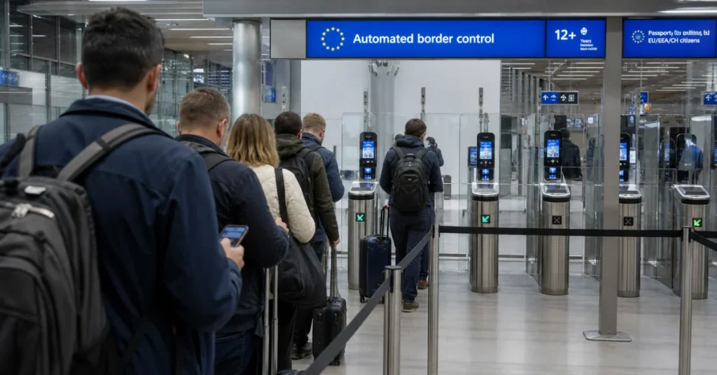 Cheapest way to travel across Europe: travellers queuing at automated biometric border control gates at a European airport