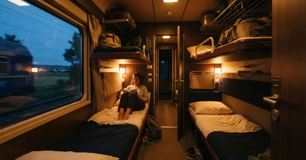 Cheapest way to travel across Europe: a passenger reading in a six-berth night train couchette compartment with warm lighting and dusk visible through the window