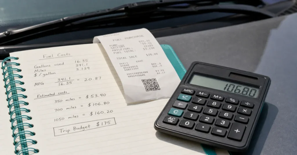 How to plan a cross country road trip: notebook with fuel cost calculations, receipt and calculator on car dashboard