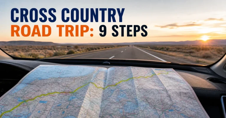 How to plan a cross country road trip: highlighted route on paper map on car dashboard with open highway ahead at sunset