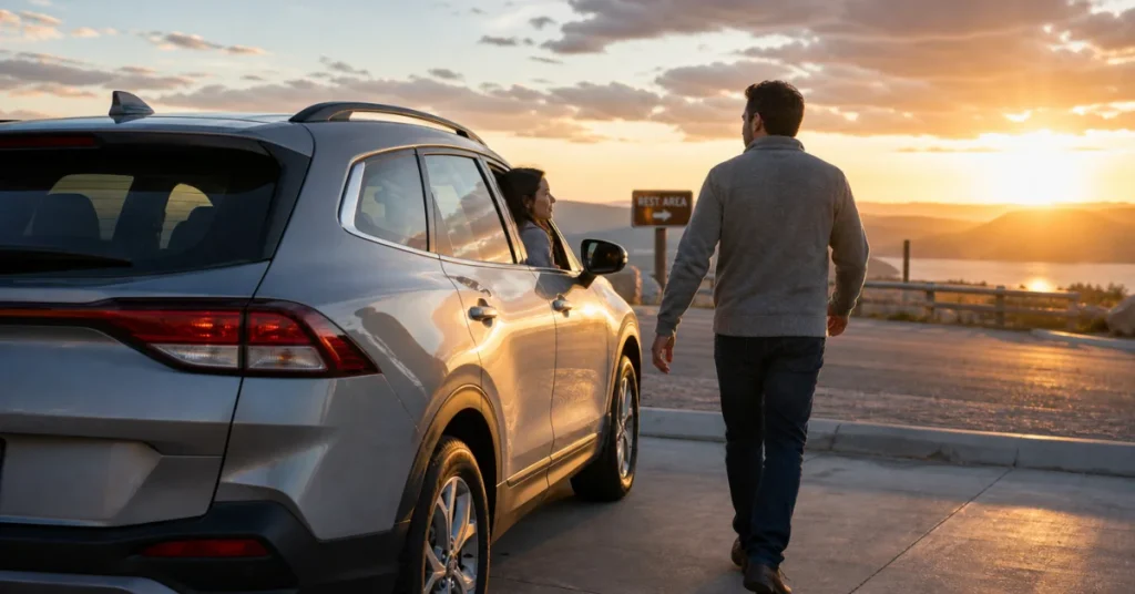 How to plan a cross country road trip: two travelers at a highway rest area at sunrise with one walking toward the car