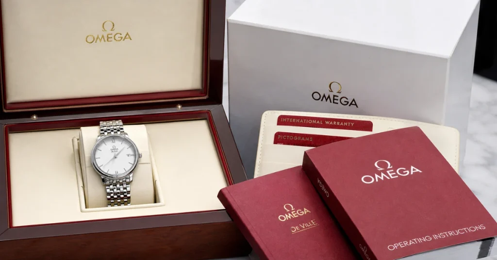  De Ville Omega watch price: a steel De Ville in its Omega presentation box with warranty cards and operating instructions, a full set