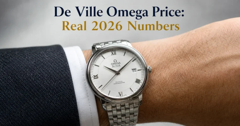 De Ville Omega watch price: a steel Omega De Ville Prestige with a white dial and Roman numerals on a wrist against a muted grey background