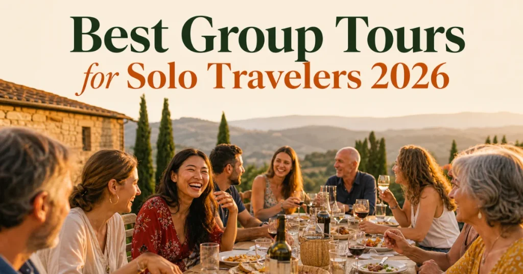 Best group tours for solo travelers 2026: mixed-age travelers sharing dinner at outdoor table in Tuscany