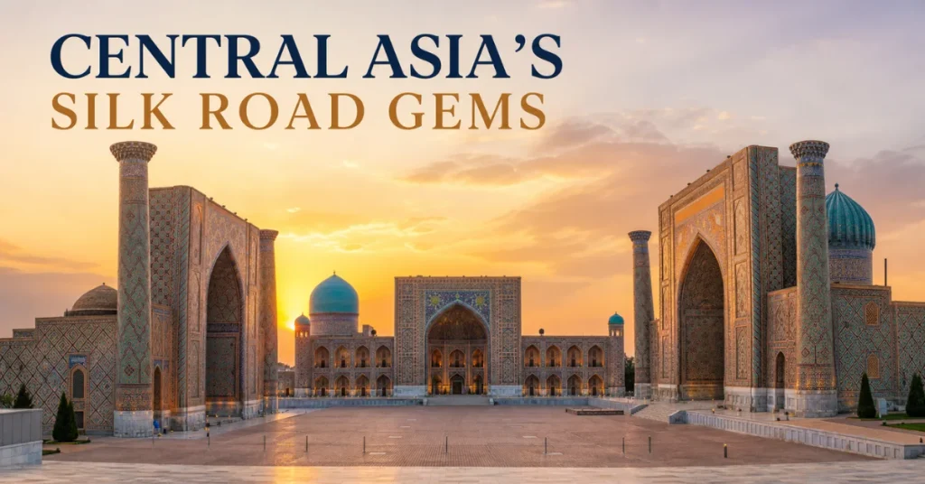 Best places to travel in Central Asia: the three madrasahs of Samarkand's Registan Square at golden hour with turquoise domes against a warm sky