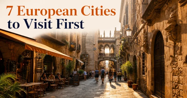 European cities to visit: a sunlit old-town street in Barcelona's Gothic Quarter with café tables and pedestrians under golden light