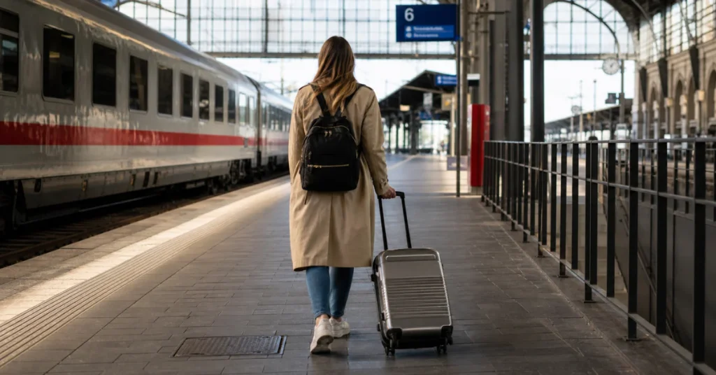 European cities to visit: a lone traveler with a backpack and suitcase walking along a European train platform toward a waiting train