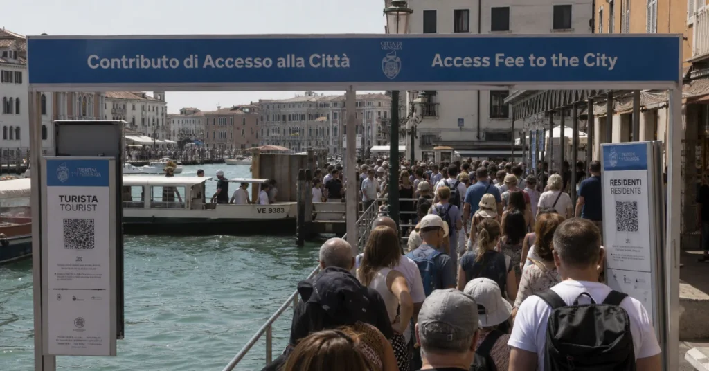 European cities to visit: crowds passing under Venice's access fee gate with tourist and resident QR checkpoints on the canal