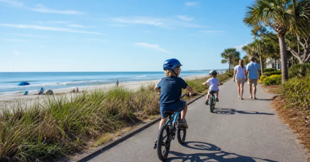 Family friendly vacation spots: mother and kids riding bikes on a sunny beach path at Hilton Head Island