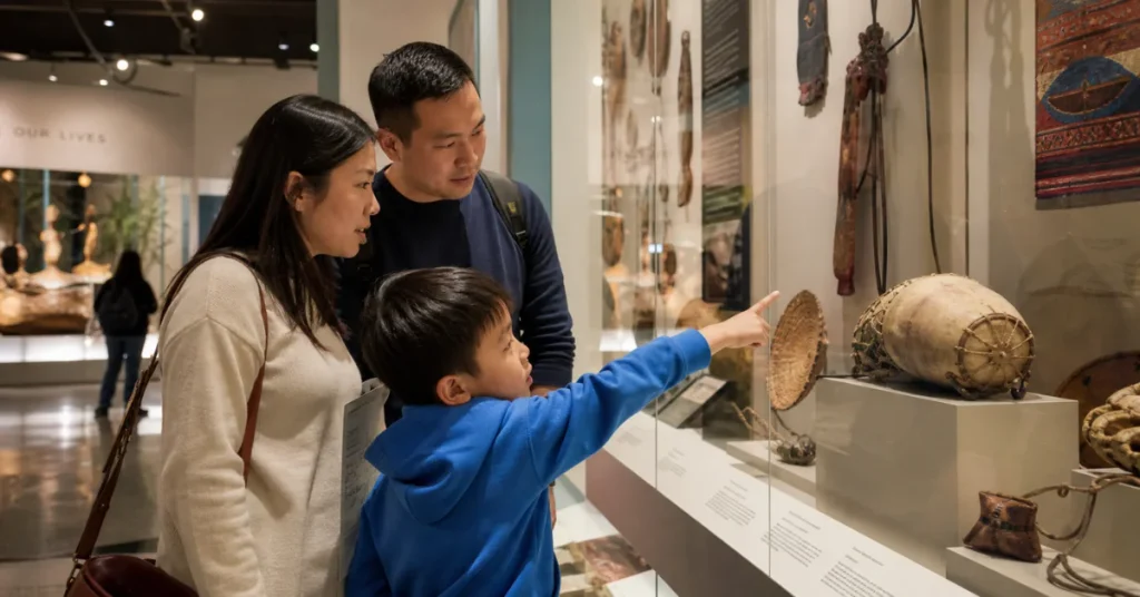 Family friendly vacation spots: family with a young boy pointing at a museum exhibit display case at the Smithsonian