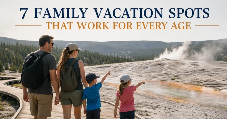 Family friendly vacation spots: family with kids pointing at Yellowstone geyser from wooden boardwalk