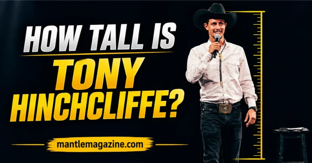 Tony Hinchcliffe in a cowboy hat and bolo tie beside a height measurement chart