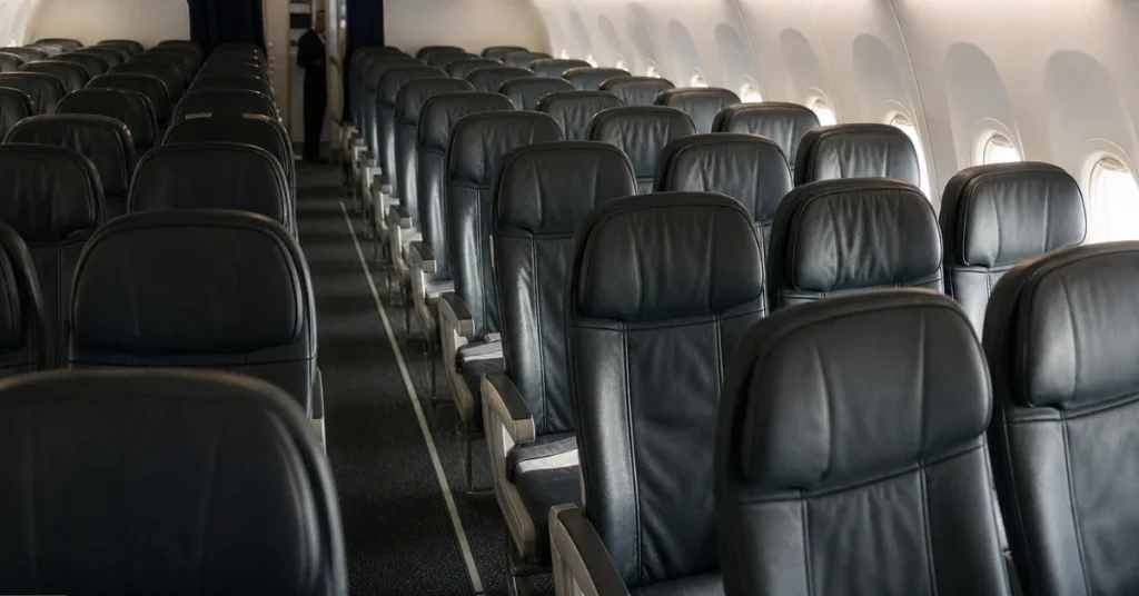 How to find cheap flights last minute: mostly empty airplane economy cabin with unsold seats and warm window light