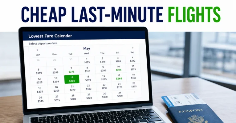 How to find cheap flights last minute: laptop showing a lowest fare calendar with green highlighted dates, passport, and boarding pass