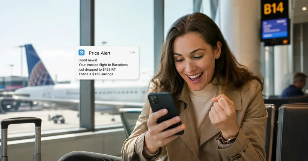 How to find cheap flights last minute: traveler at airport gate receiving a price alert notification on phone showing $132 savings