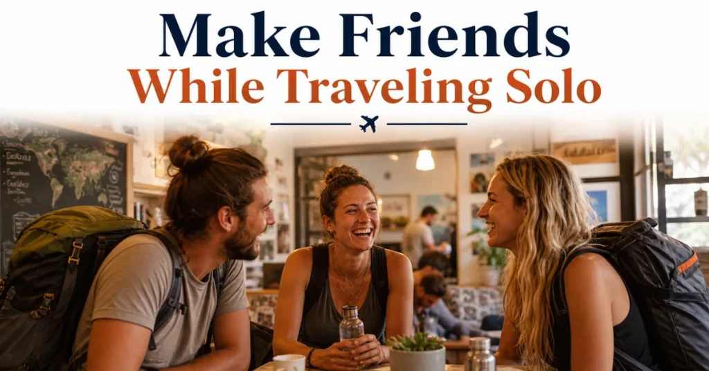 How to make friends while traveling solo: backpackers laughing together at hostel common room table