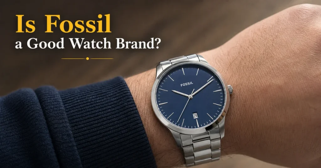 Is Fossil a good watch brand: a Fossil three-hand quartz watch with a blue dial and steel bracelet on a wrist