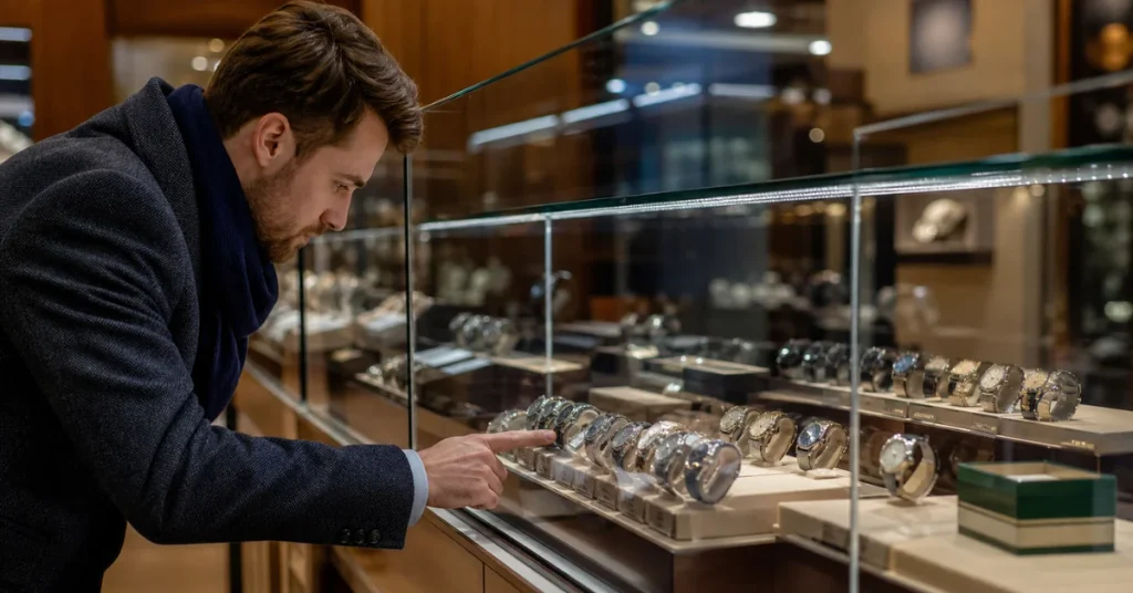 Is Fossil a good watch brand: a shopper pointing at a watch in a warm-lit retail display case while deciding