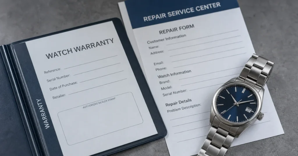 Is Fossil a good watch brand: an open watch warranty booklet and repair service form laid beside a steel wrist watch
